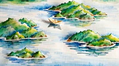 Paper Boat Through Watercolor Islands