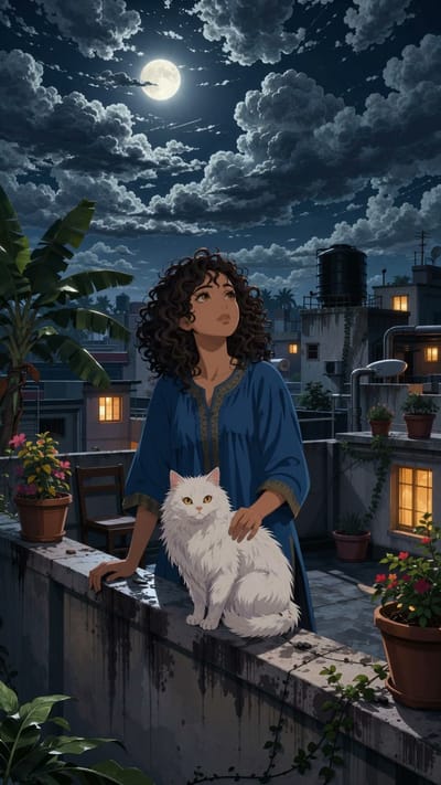 Moonlit Rooftop with a White Cat